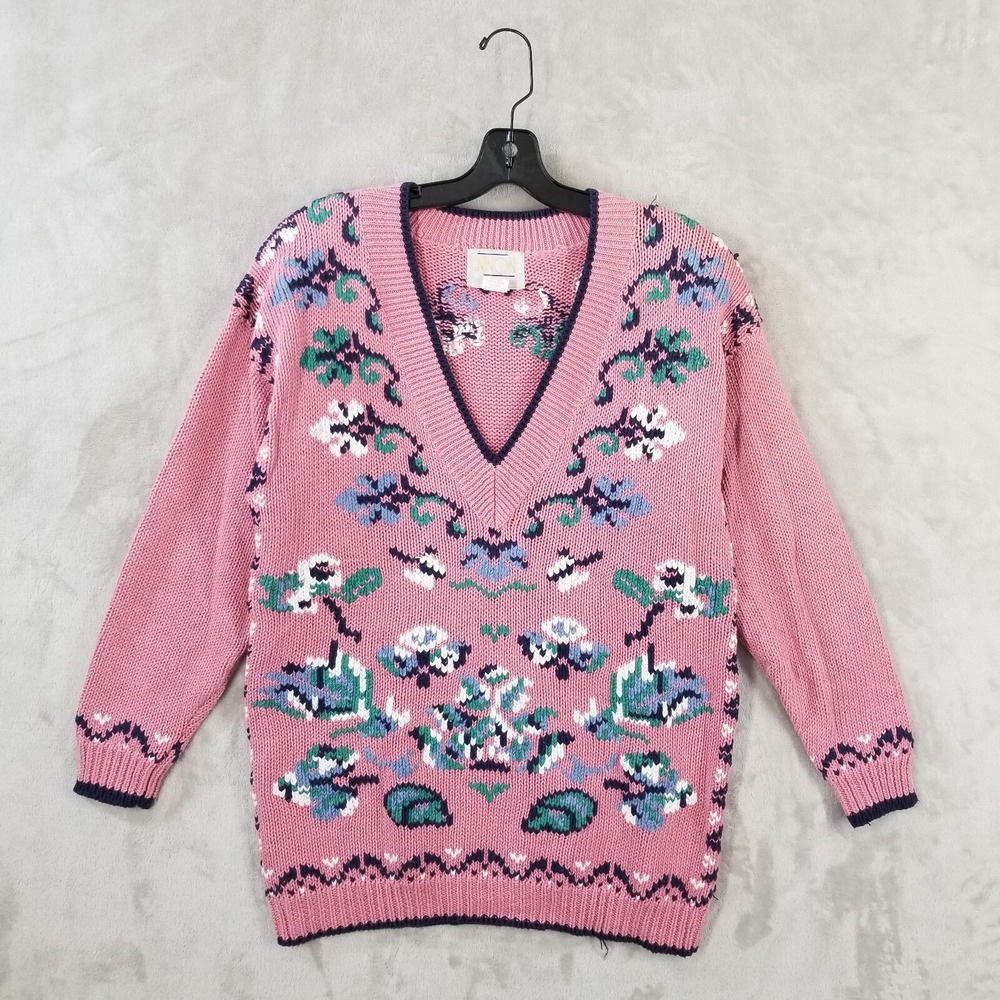 Vtg Sweater Women Small Pink Floral V Neck Oversized Cotton Blend‎ Cottage Cabin
